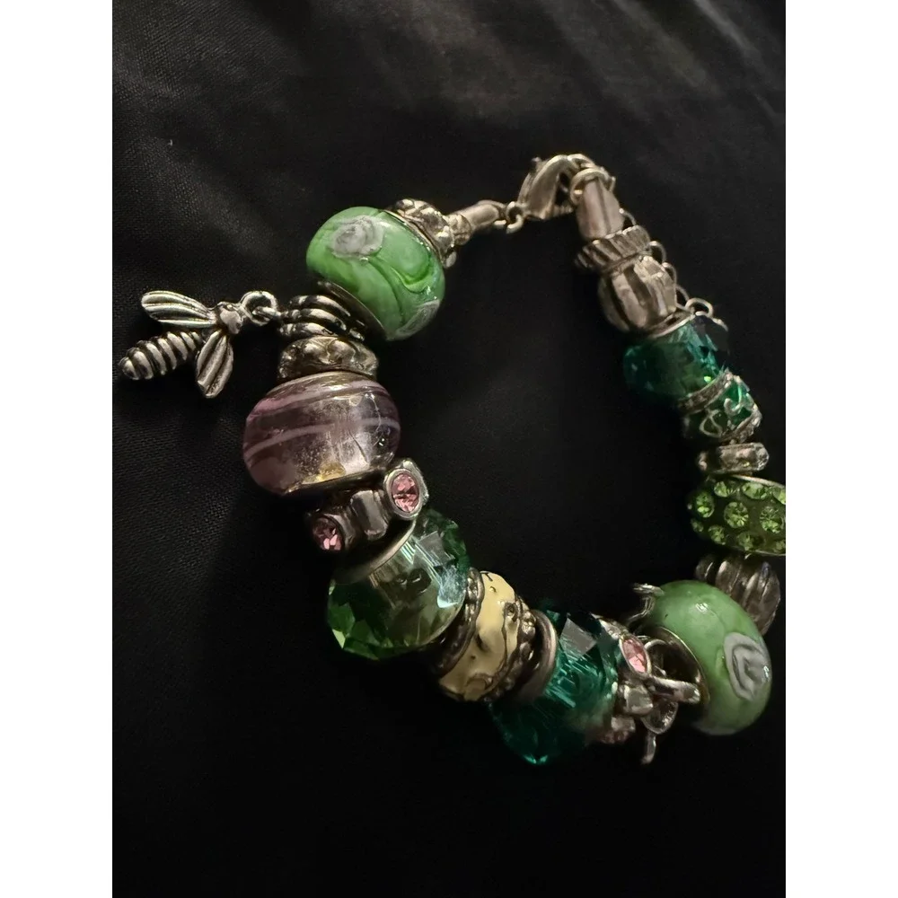 Green Pink Murano Glass Bead Charm Bracelet Silver Tone Bee European Style